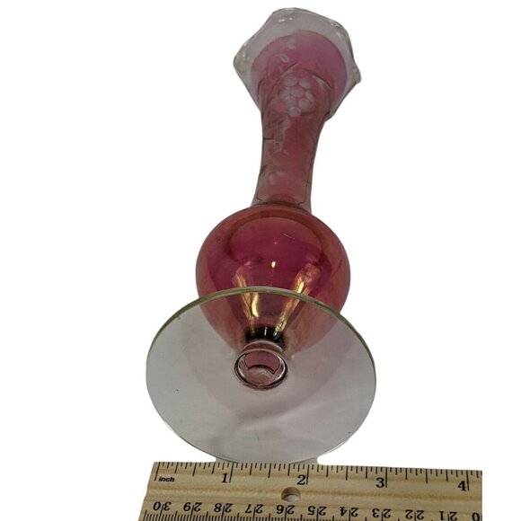 Cranberry Glass Bud Vase w/Etched Grape Vine Design-Clear Scalloped-Fenton C203 - Picture 2 of 6